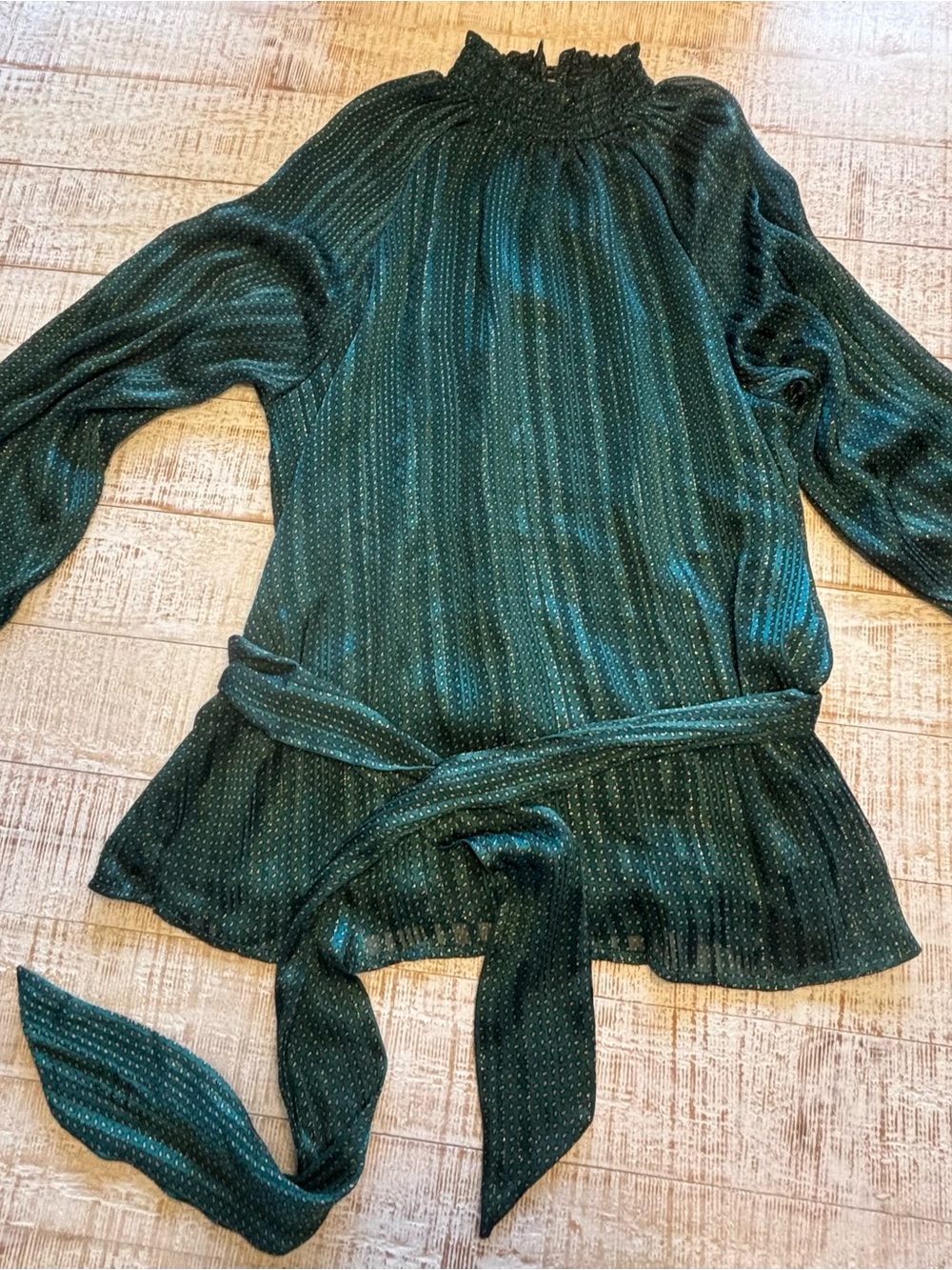 Mexx Dark Green Long Sleeve Smocked Neck Blouse with Waist Tie
